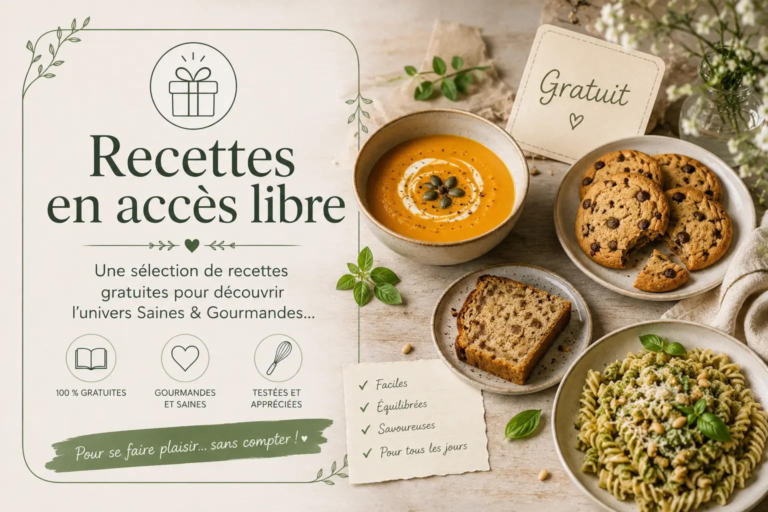 Recettes en accès libre : illustration avec recettes maison, soupe veloutée, tartines gourmandes et plats simples dans une ambiance lumineuse et chaleureuse signée Saines & Gourmandes