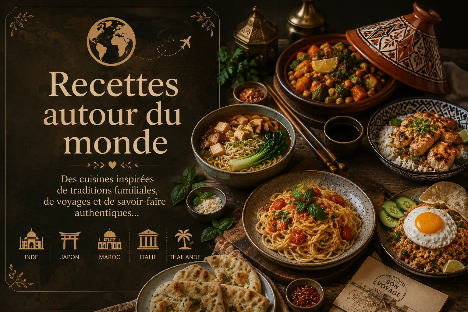 Recettes autour du monde : illustration avec plats traditionnels, épices, mijotés et spécialités gourmandes inspirées des cuisines du monde sur table chaleureuse artisanale