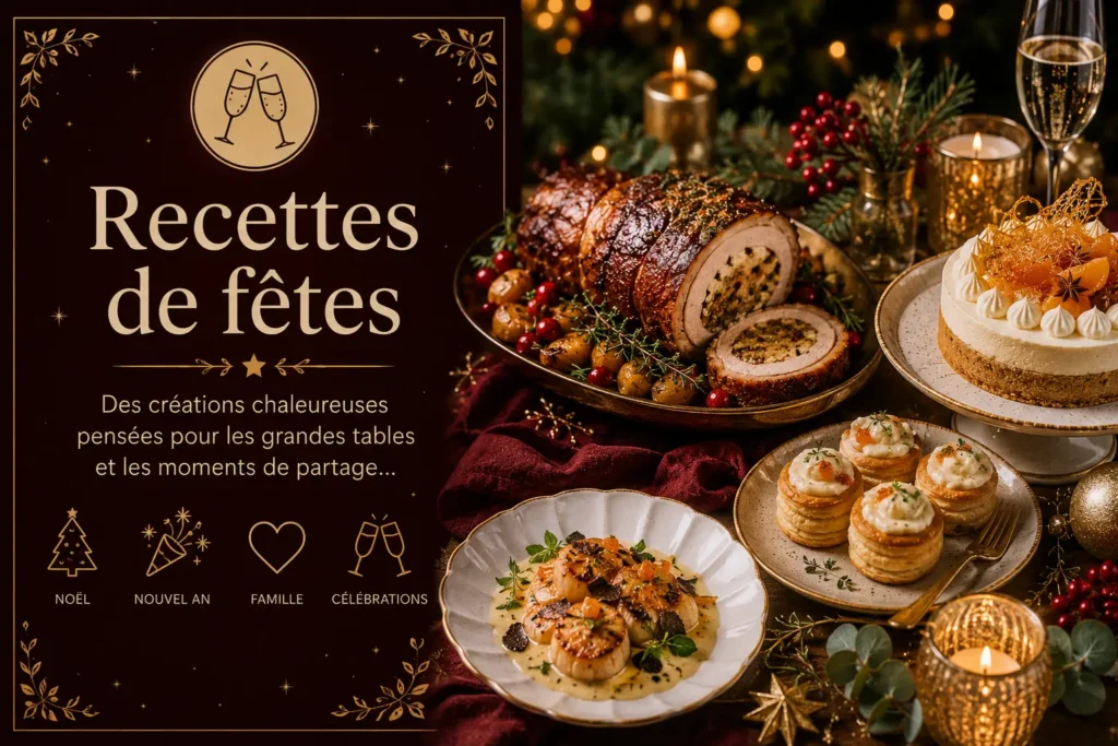 Catégorie recettes de fêtes Saines & Gourmandes avec table chaleureuse et créations festives maison