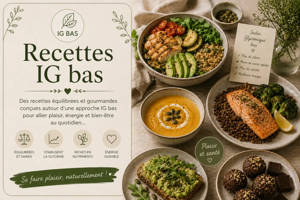 Recettes IG bas : illustration avec plats équilibrés, légumes, pain maison et recettes gourmandes à index glycémique bas dans une ambiance lumineuse et naturelle signée Saines & Gourmandes