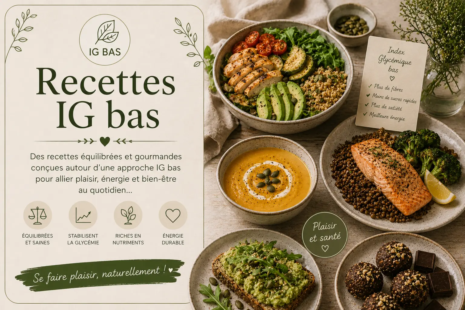 Recettes IG bas : illustration avec plats équilibrés, légumes, pain maison et recettes gourmandes à index glycémique bas dans une ambiance lumineuse et naturelle signée Saines & Gourmandes
