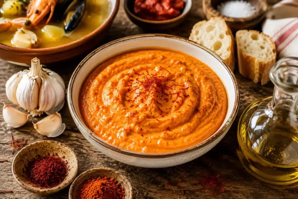 rouille provençale maison au safran dans un bol artisanal avec ail, huile d’olive, croûtons et soupe de poisson sur table rustique méditerranéenne