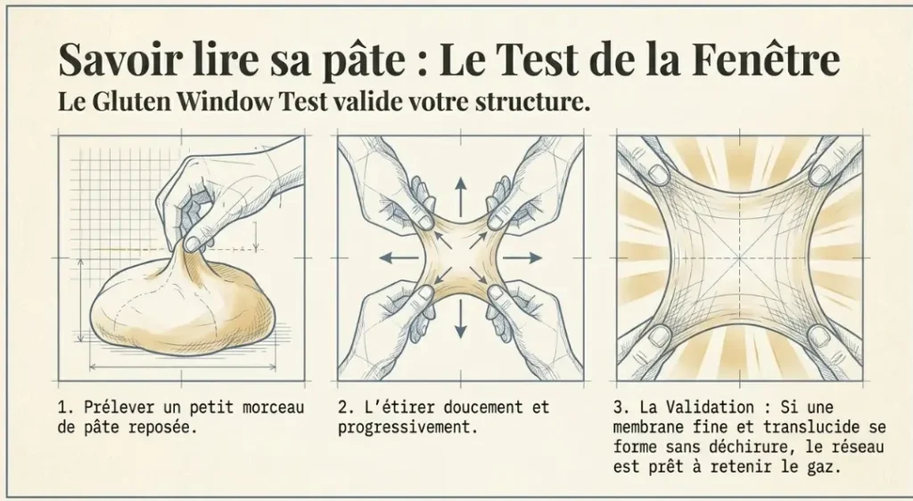 test de la fenêtre pour vérifier le réseau de gluten dans une pâte à pain