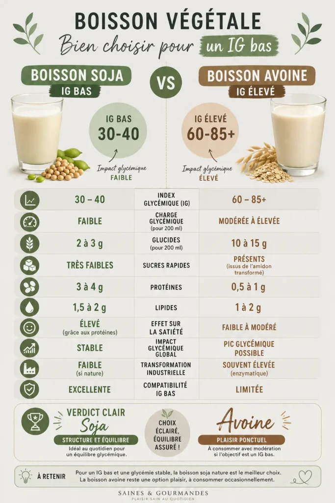 Comparatif entre boisson de soja et boisson d’avoine pour une cuisine IG bas et une glycémie plus stable.