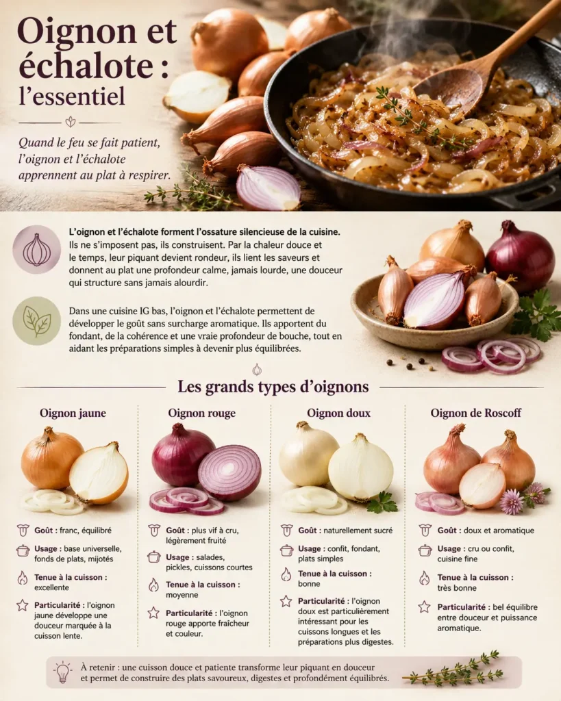Illustration culinaire autour des oignons et des échalotes avec poêle d’oignons fondants, différents types d’oignons crus et ambiance chaleureuse de cuisine maison.