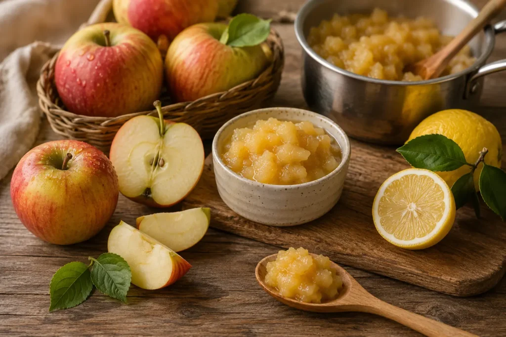 Pommes entières et coupées avec compote rustique, citron et casserole de fruits cuits sur une table en bois