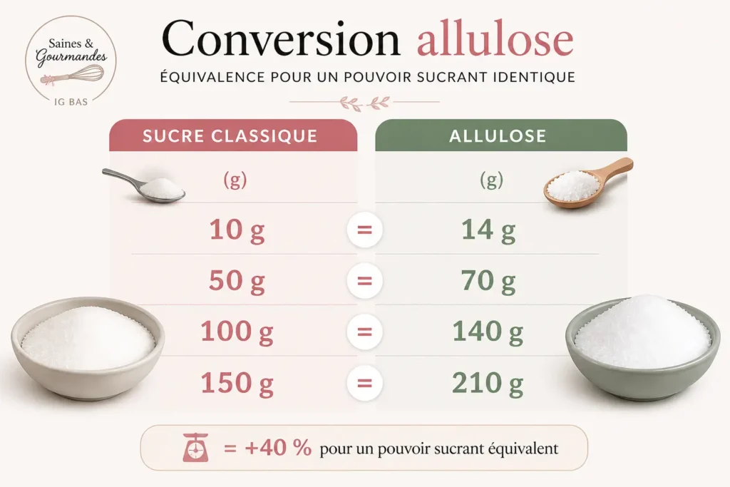 infographie conversion allulose équivalence sucre classique et allulose en grammes avec repères précis pour pâtisserie IG bas