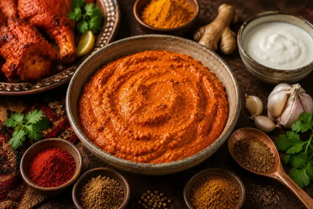 pâte tandoori maison indienne dans un bol artisanal avec yaourt, ail, gingembre, épices chaudes et poulet mariné sur table rustique épicée