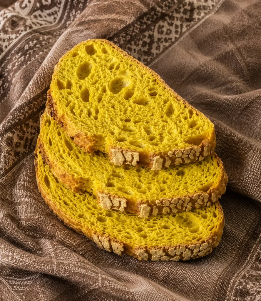 Trois tartines de pain de maïs tigré à la mie jaune très moelleuse et alvéolée