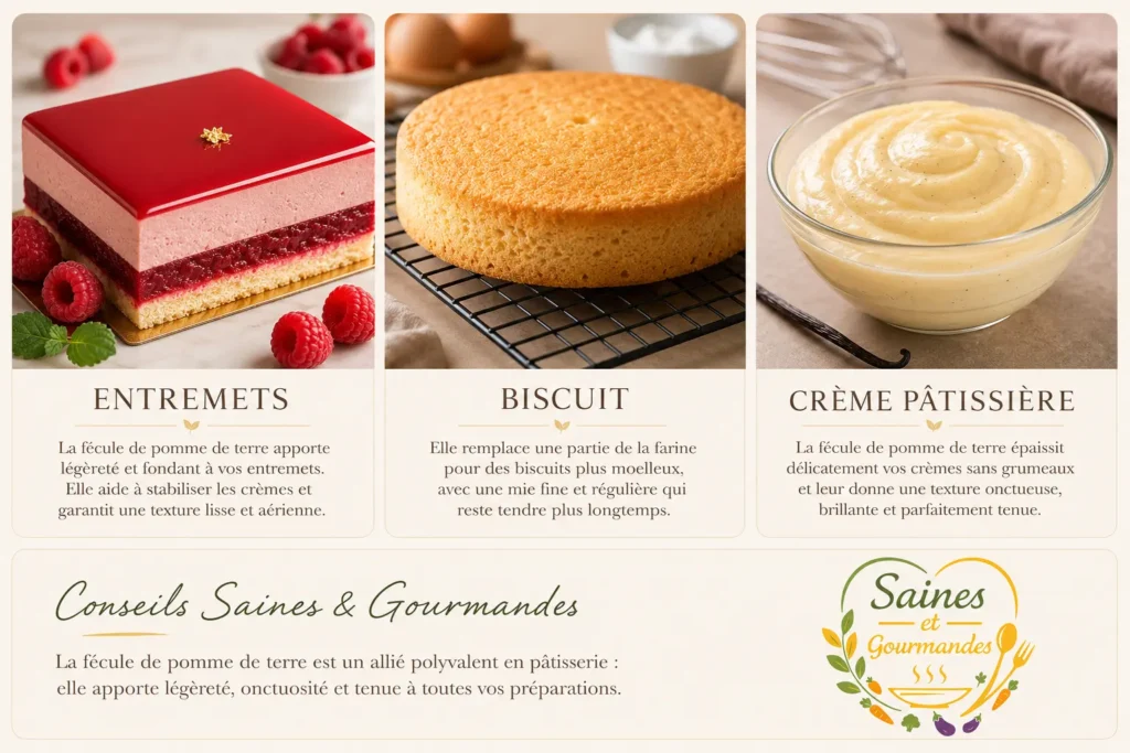 Infographie culinaire horizontale sur fond beige clair présentant trois préparations pâtissières : un entremets carré à la framboise au glaçage rouge miroir, un biscuit doré sur grille noire et un bol de crème pâtissière vanillée. En bas, un bandeau “Conseils Saines & Gourmandes” explique le rôle de la fécule de pomme de terre en pâtisserie, avec le logo officiel Saines & Gourmandes à droite.