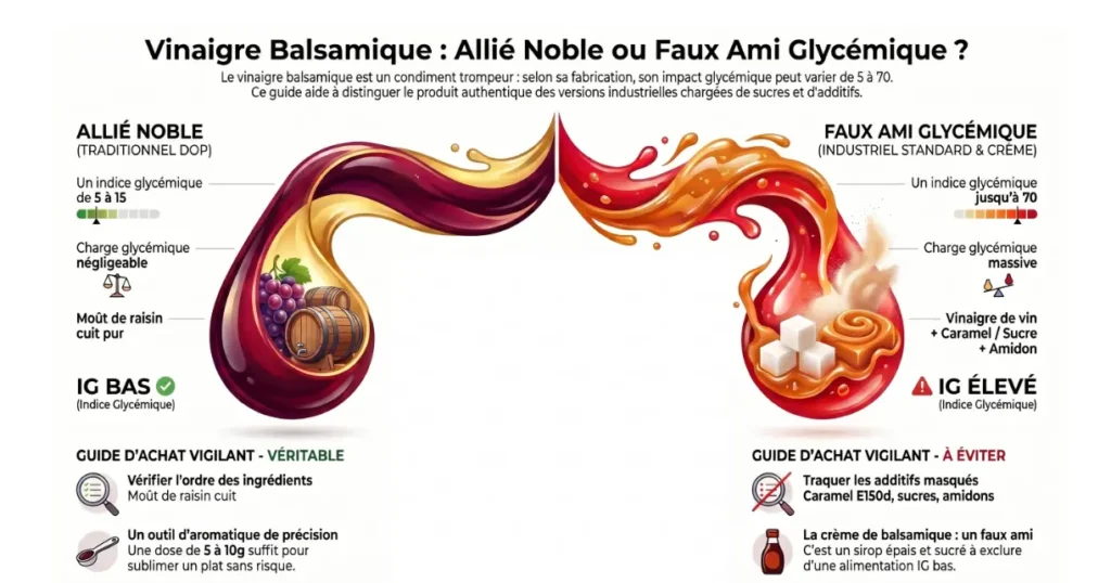 Infographie comparant vinaigre balsamique traditionnel IG bas et versions industrielles IG élevé avec sucre et caramel