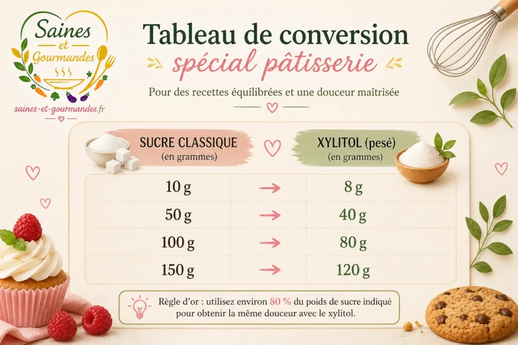 Tableau de conversion xylitol en cuisine IG bas avec équivalences sucre et repères de dosage