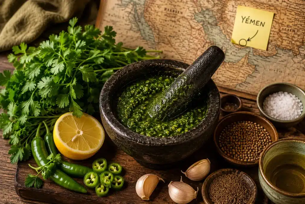 zhoug yéménite dans un mortier noir avec coriandre fraîche, piments verts, citron, ail et épices sur table rustique orientale