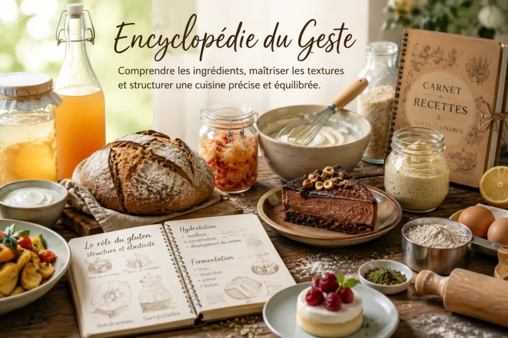 Encyclopédie du geste illustrée par un pain au levain, un kombucha maison, des desserts, des préparations salées, un carnet de cuisine et des ingrédients emblématiques de la méthode Saines & Gourmandes.