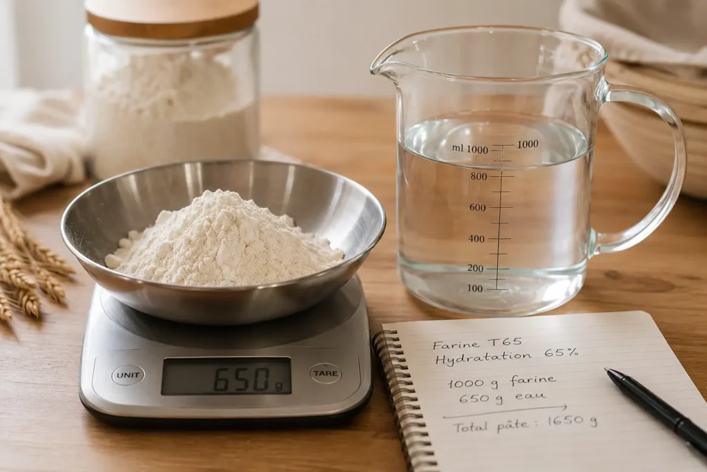 Farine de blé T65 pesée sur une balance avec verre doseur d’eau pour ajuster précisément l’hydratation d’une pâte.