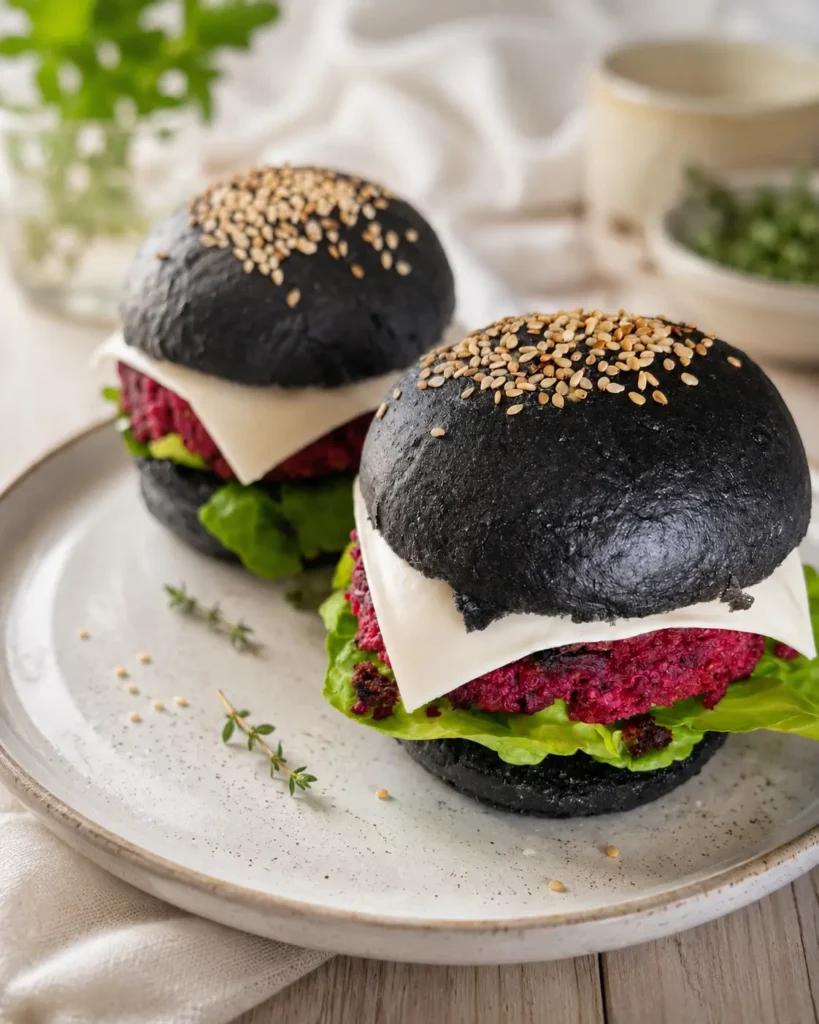 buns noirs au charbon actif, dorés, parsemés de graines de sésame blanches Texte alternatif : buns noirs au charbon actif maison avec graines de sésame blanches