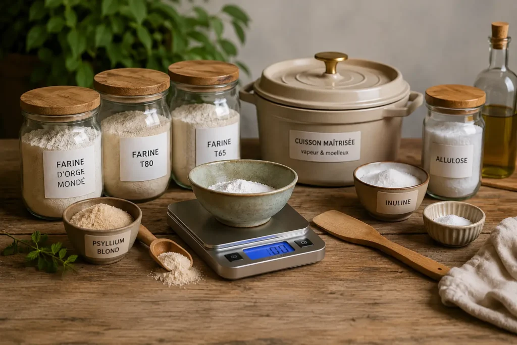 Placard IG bas avec les ingrédients et les ustensiles essentiels : farines, psyllium blond, inuline, allulose, balance de précision et cocotte pour cuisiner sainement.