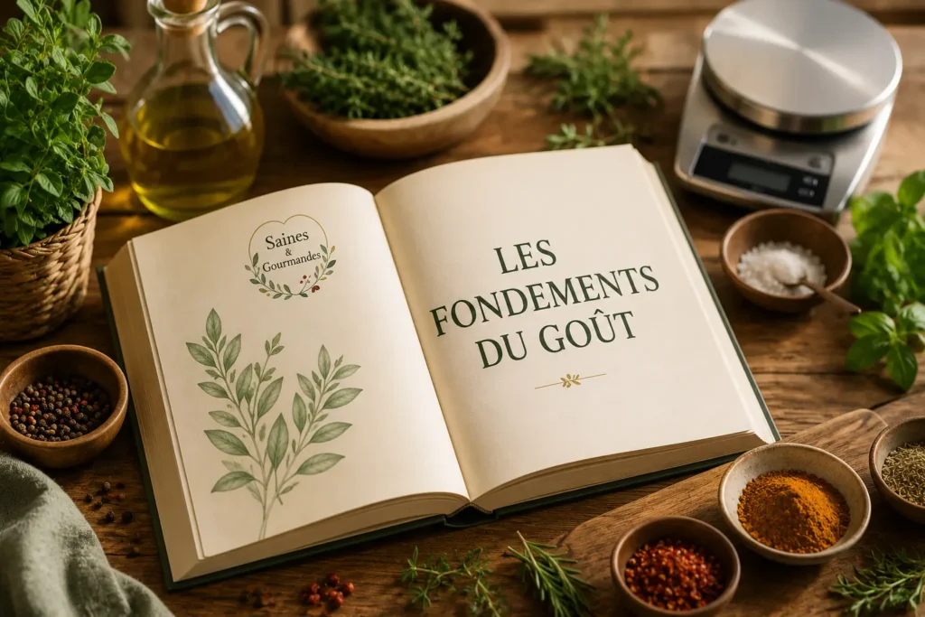Un livre ouvert sur une table de cuisine avec épices, herbes fraîches, balance de précision et huile d'olive autour, dans les couleurs Saines & Gourmandes, avec le titre "Les fondements du goût" visible sur la page ouverte.