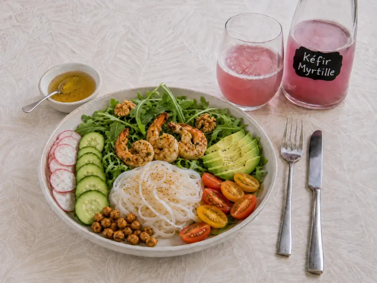 poké bowl aux crevettes avec rice noodles, avocat, roquette, crudités, pois chiches grillés et kéfir myrtille