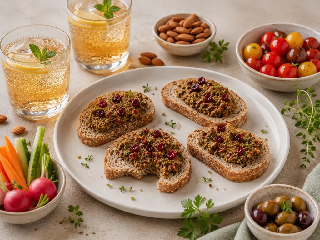 Apéritif estival avec caviar d'aubergine sur pain complet, kéfir pétillant, tomates cerises et amandes.