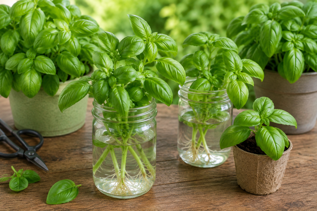 Les astuces Saines & Gourmandes : multiplication d'un pied de basilic par bouturage dans l'eau pour obtenir facilement de nouveaux plants aromatiques.