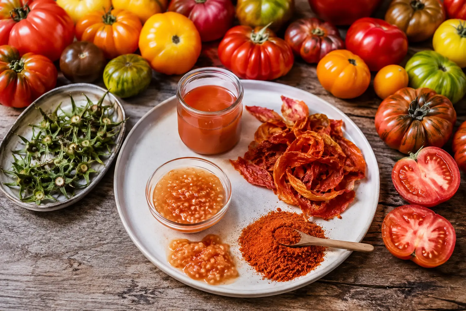 Tomate : différentes variétés colorées accompagnées de peaux séchées, de poudre de tomate, de graines, de jus et de pédoncules illustrant une cuisine 100 % zéro déchet.