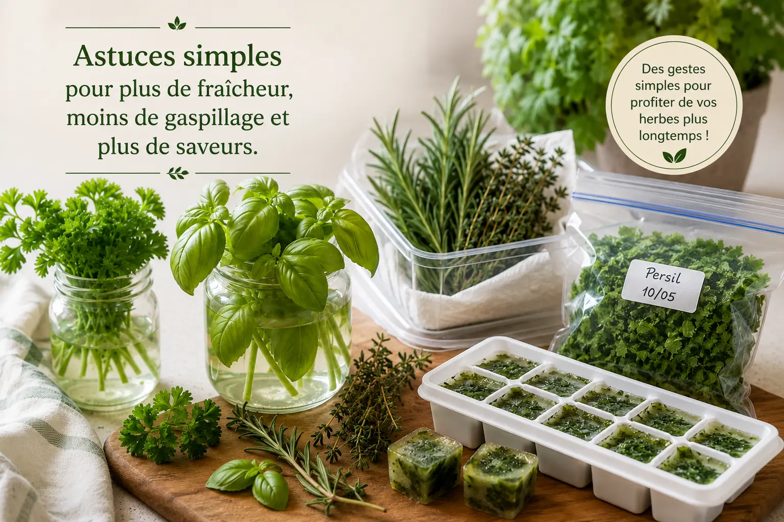 Conserver les herbes aromatiques : différentes méthodes pour préserver leur fraîcheur, les conserver au réfrigérateur ou les congeler afin de profiter plus longtemps de leurs saveurs.