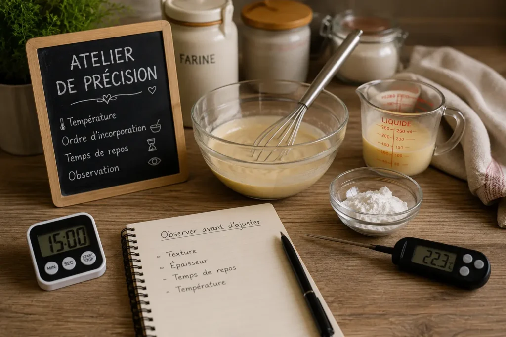 Atelier de précision : préparation culinaire illustrant la maîtrise de la température, de l'ordre d'incorporation, du temps de repos et de l'observation des textures.
