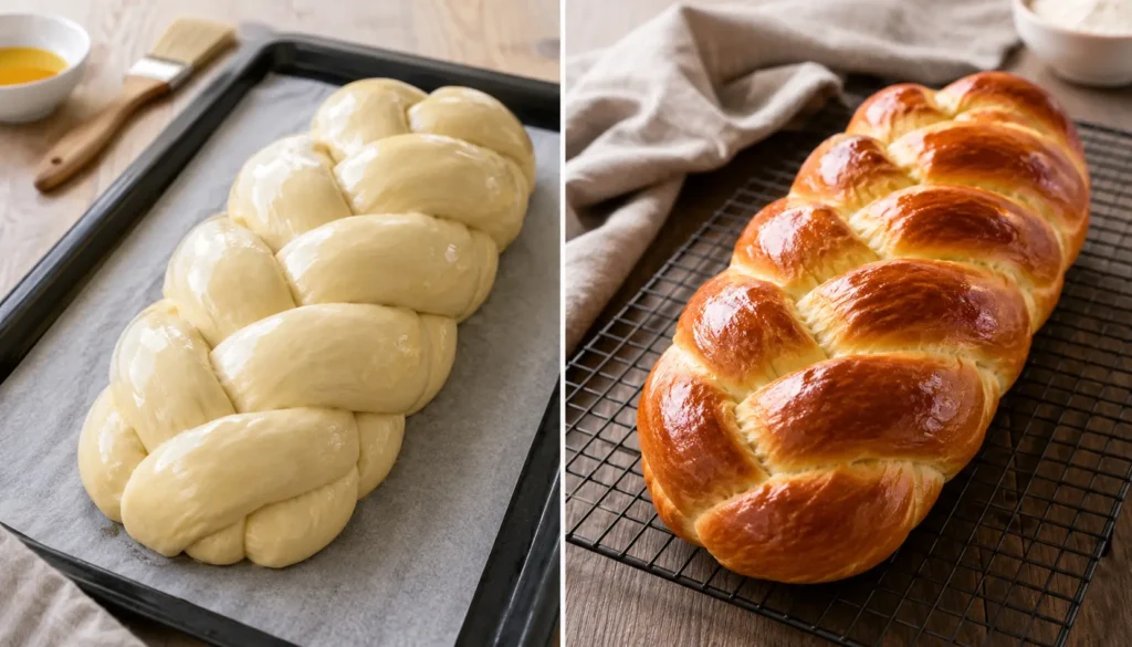 Façonnage du pain : brioche tressée avant et après cuisson illustrant les mêmes techniques de façonnage