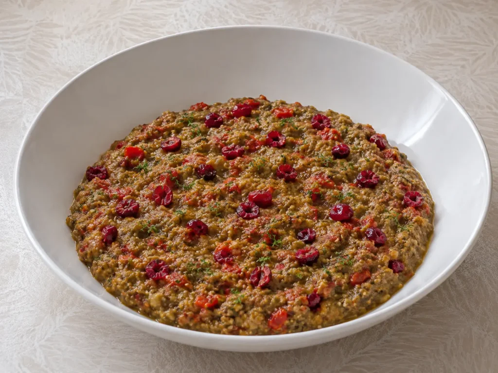 Caviar d'aubergine aux cranberries dans une grande assiette blanche profonde