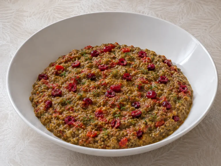 Caviar d'aubergine aux cranberries dans une grande assiette blanche profonde