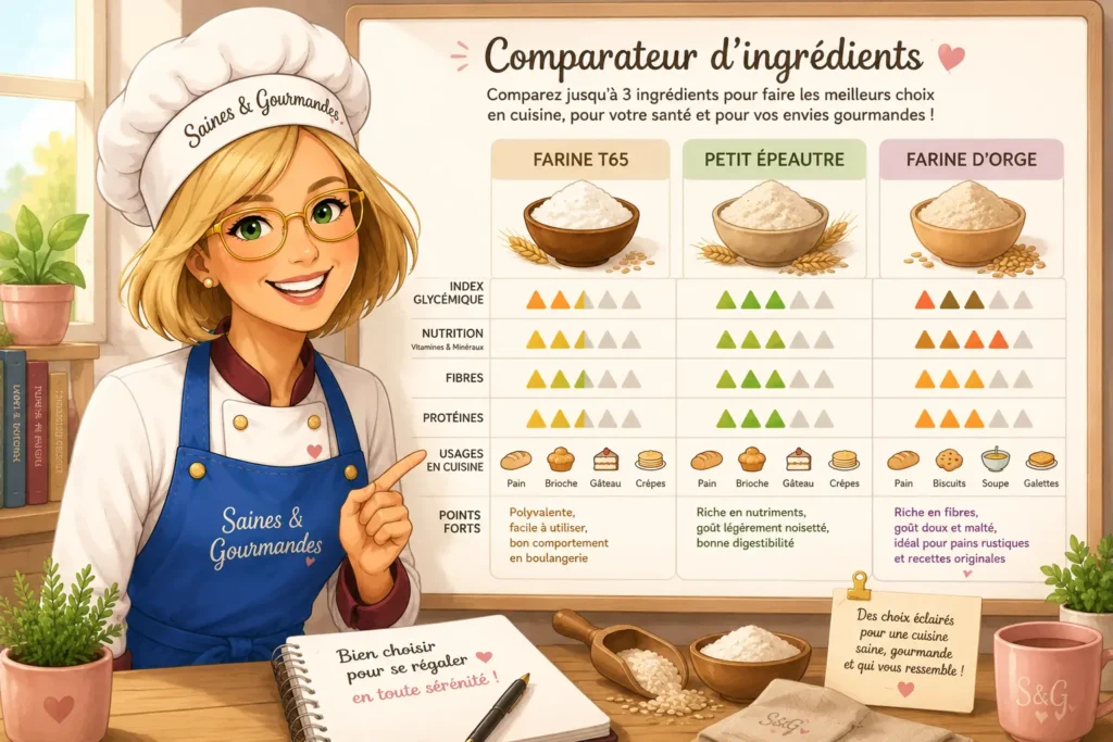 Comparateurs d’ingrédients Saines & Gourmandes illustrant la comparaison de farines selon l’indice glycémique, les fibres, les protéines et les usages culinaires.