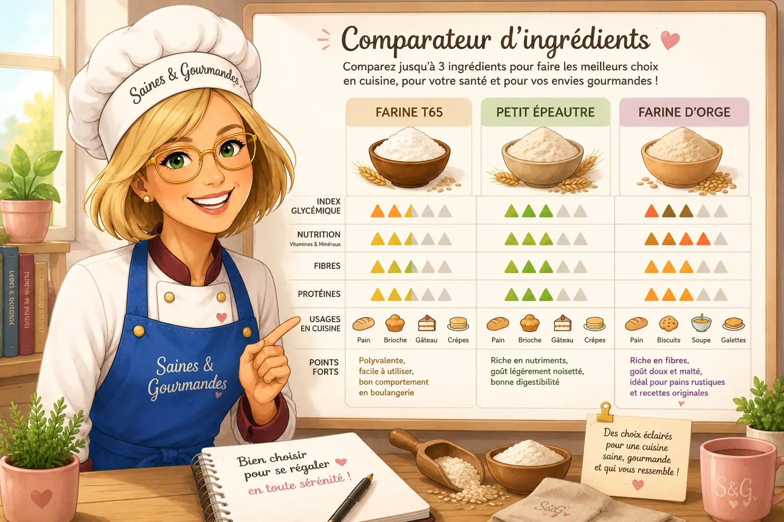 Comparateur d'ingrédients Saines et Gourmandes : guide visuel pratique pour comparer farines, sucres et matières grasses, aidant à choisir les options les plus saines et adaptées à vos recettes IG bas.