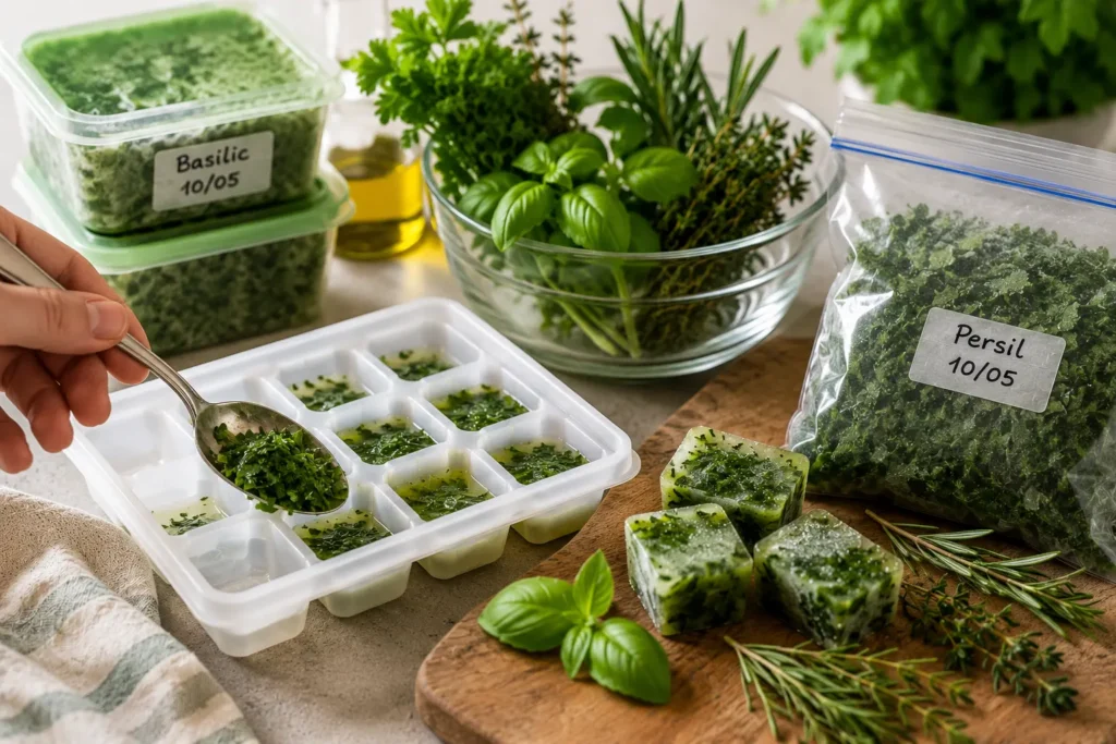 Conserver les herbes aromatiques grâce à la congélation en bacs à glaçons, en sachets et en portions prêtes à cuisiner.