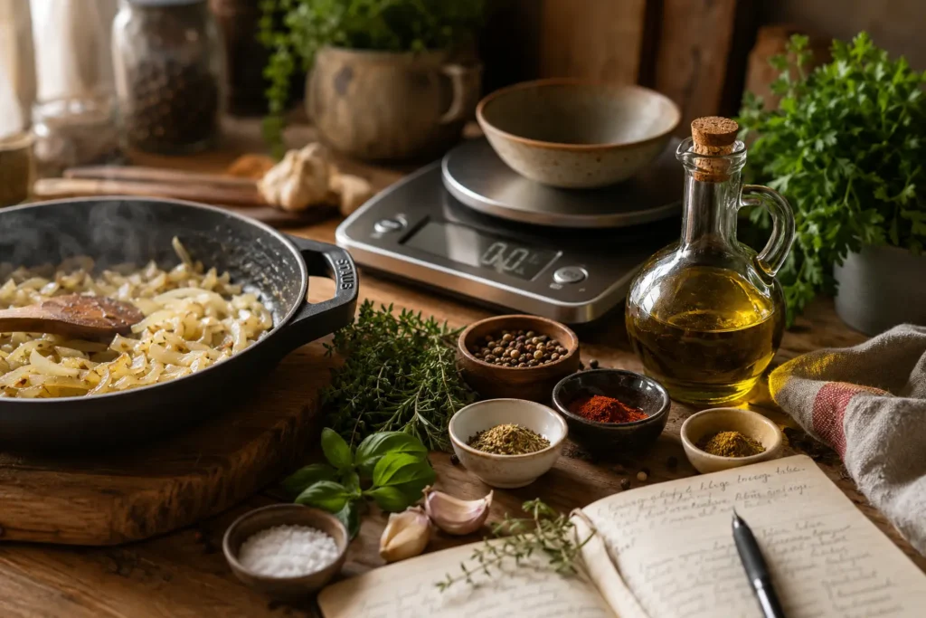 Construire le goût avant la structure grâce aux aromates, aux épices et à la cuisson douce des oignons