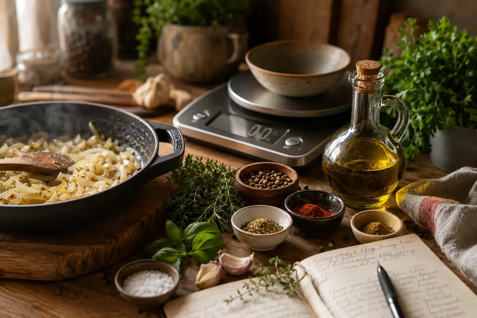 Construire le goût avant la structure grâce aux aromates, aux épices et à la cuisson douce des oignons