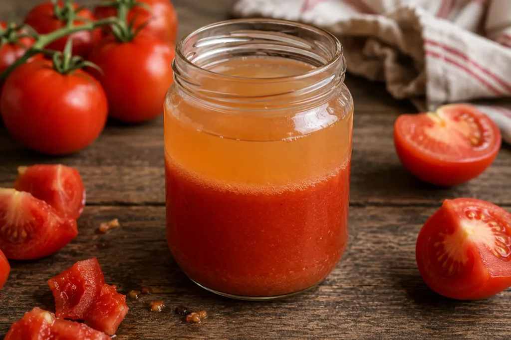 Tomate : eau de tomate limpide et jus de végétation naturellement séparés dans un bocal, entourés de tomates fraîches.