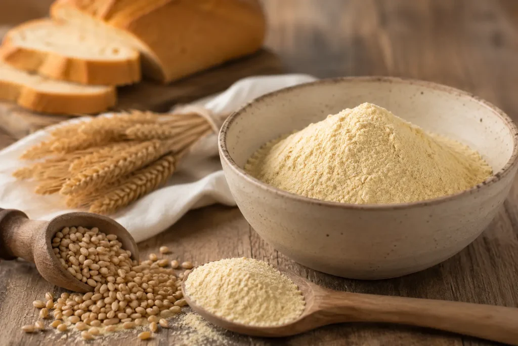 Farine de petit épeautre présentée dans un bol avec grains d’engrain et pain artisanal en arrière-plan.