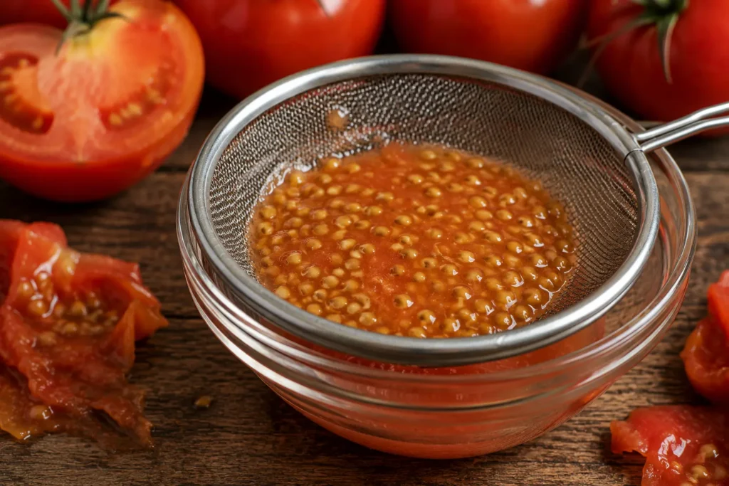 Tomate : graines entourées de leur gelée naturelle, récupérées après l'épépinage pour être valorisées en cuisine.