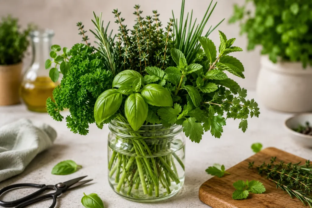 Conserver les herbes aromatiques dans un bocal d'eau pour préserver plus longtemps leur fraîcheur et leurs arômes.