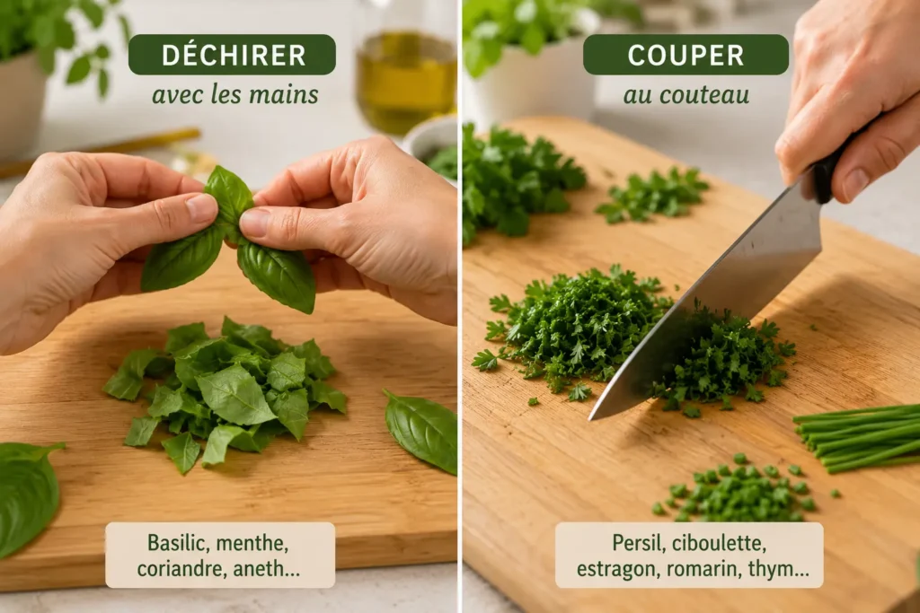 Herbes aromatiques fraîches : comparaison entre les herbes à déchirer à la main et celles à ciseler au couteau pour préserver au mieux leurs arômes.