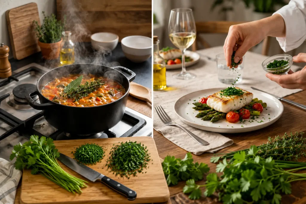 Herbes aromatiques fraîches utilisation pendant la cuisson d'un plat mijoté et juste avant le dressage d'un poisson.