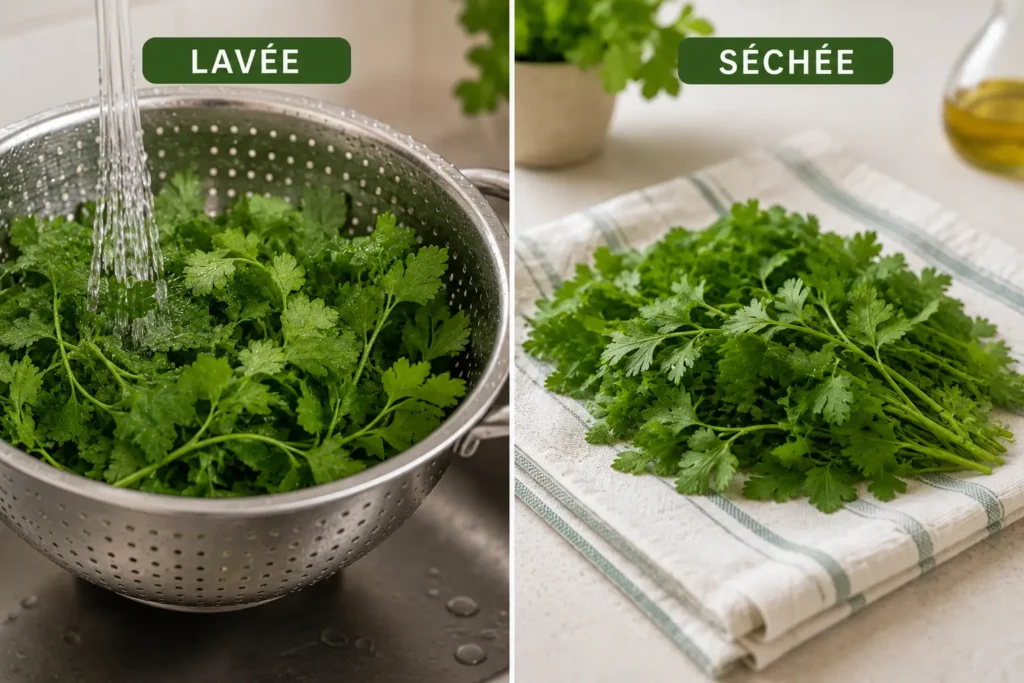 Herbes aromatiques fraîches lavées dans une passoire puis soigneusement séchées sur un linge propre avant leur préparation en cuisine.