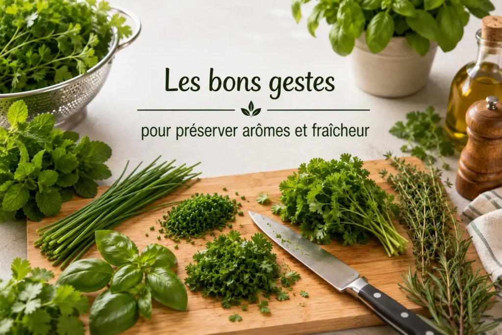 Herbes aromatiques fraîches préparées et ciselées sur une planche en bois avec un couteau de chef.