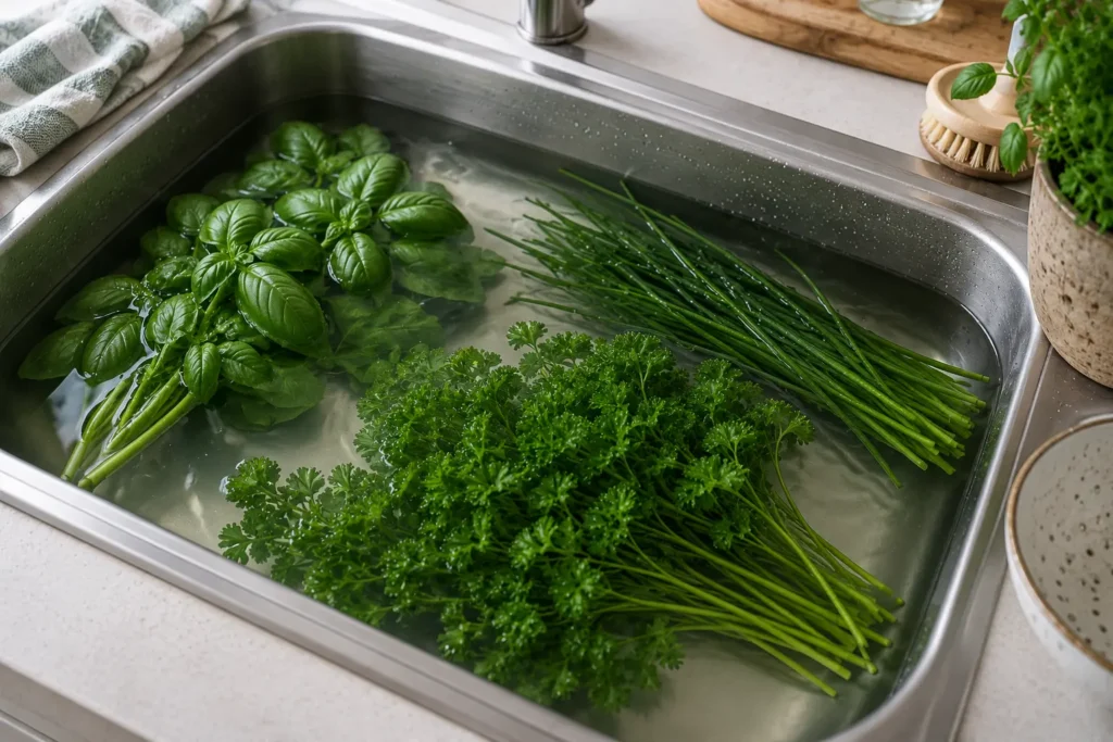 Conserver les herbes aromatiques : bouquet de persil, ciboulette et basilic plongé dans de l'eau tempérée pour retrouver toute sa fraîcheur.