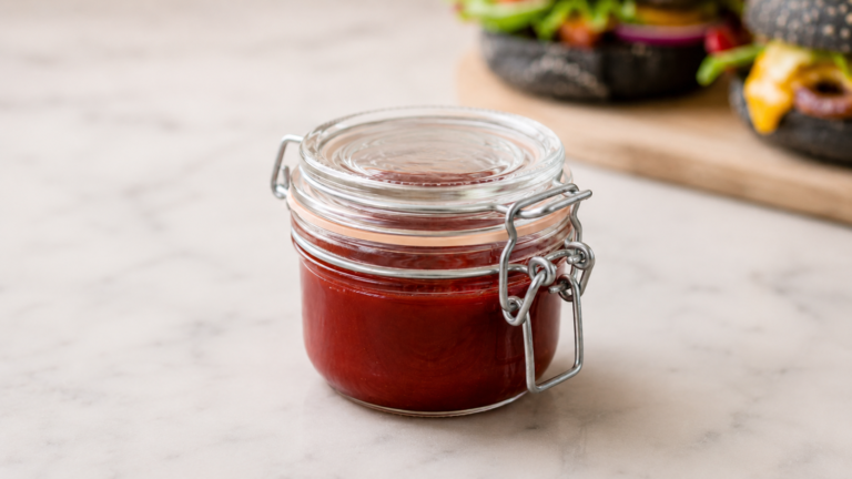 Ketchup maison dans un petit bocal Le Parfait, posé sur un plan de travail clair avec hamburger végétal en arrière-plan