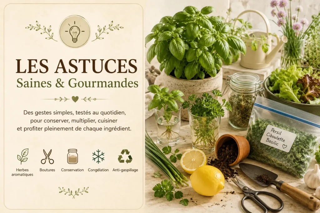 Les astuces Saines & Gourmandes : basilic en pot, boutures d'herbes aromatiques, persil, ciboulette, citron, conservation, congélation et anti-gaspillage réunis dans une mise en scène lumineuse.