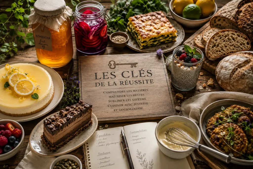 Les clés de la réussite : pain au levain, cheesecake au citron, kombucha maison, gratin, dessert chocolaté et ingrédients illustrant la méthode Saines & Gourmandes.