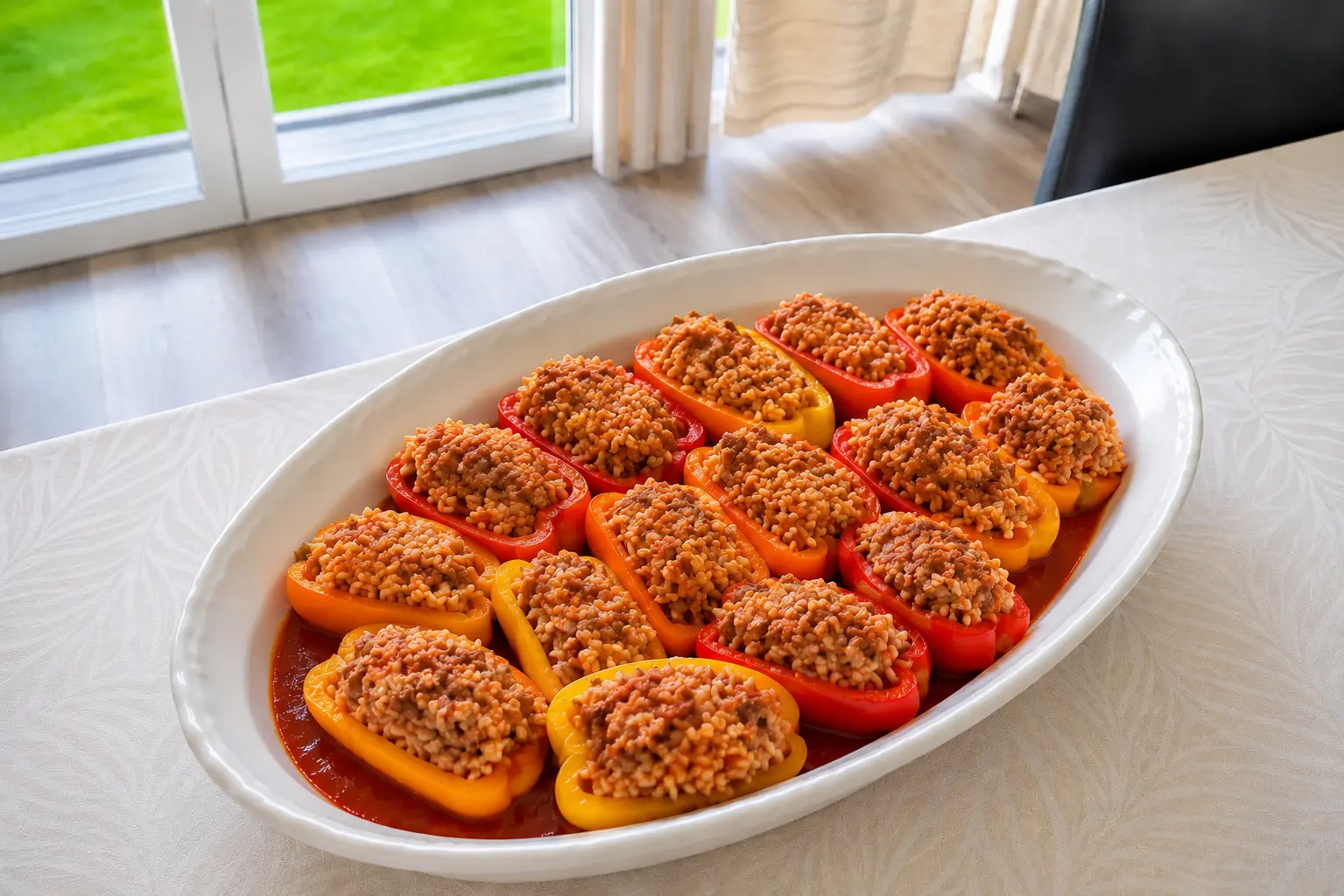Mini-poivrons farcis au ragoût bolognais et au riz, prêts pour passer au four dans un plat blanc familial