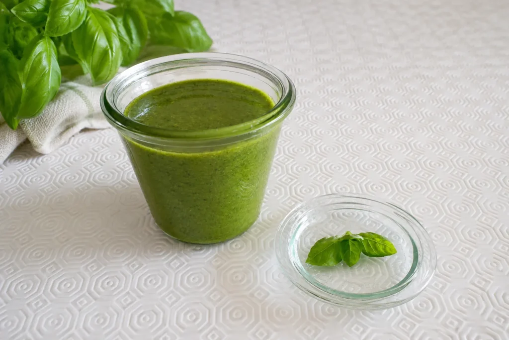 Multiplier un pied de basilic : pesto maison préparé avec les feuilles récoltées, une excellente façon de conserver le basilic plusieurs mois au congélateur.